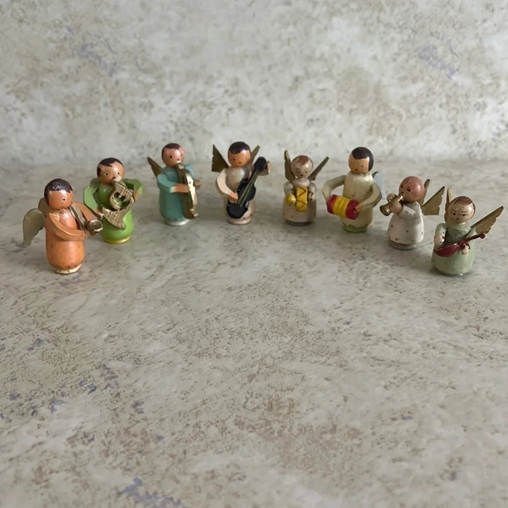 Vintage set of 8 Miniature Wooden Angel Musicians Japan